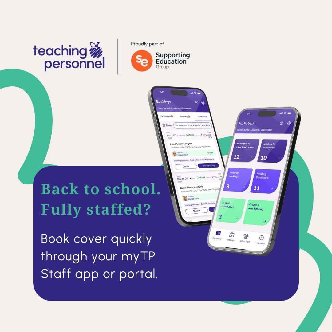 As a new half-term begins, make sure your school has the support it needs.

Easily book and manage staff through your myTP Staff app or client portal to stay fully covered ➡️ eu1.hubs.ly/H0p1l9J0

#BackToSchool #EducationRecruitment #TeachingPersonnel #StaffingSolutions