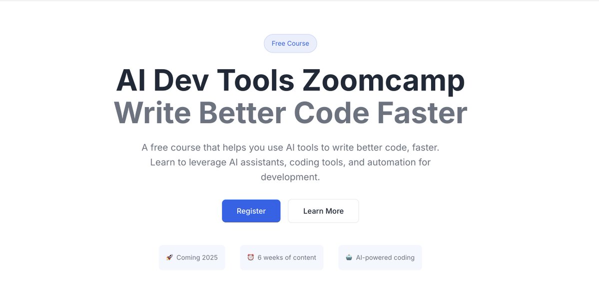 Al_Grigor's tweet image. AI Dev Tools Zoomcamp is starting soon

The first cohort of the course begins on Nov 18, 2025

I&apos;ll be hosting a live Q&amp;amp;A session to answer your questions about:

🔸 Curriculum
🔸 Target audience
🔸 Learning outcomes

Join me tomorrow at 5 PM CET: luma.com/6p356li5