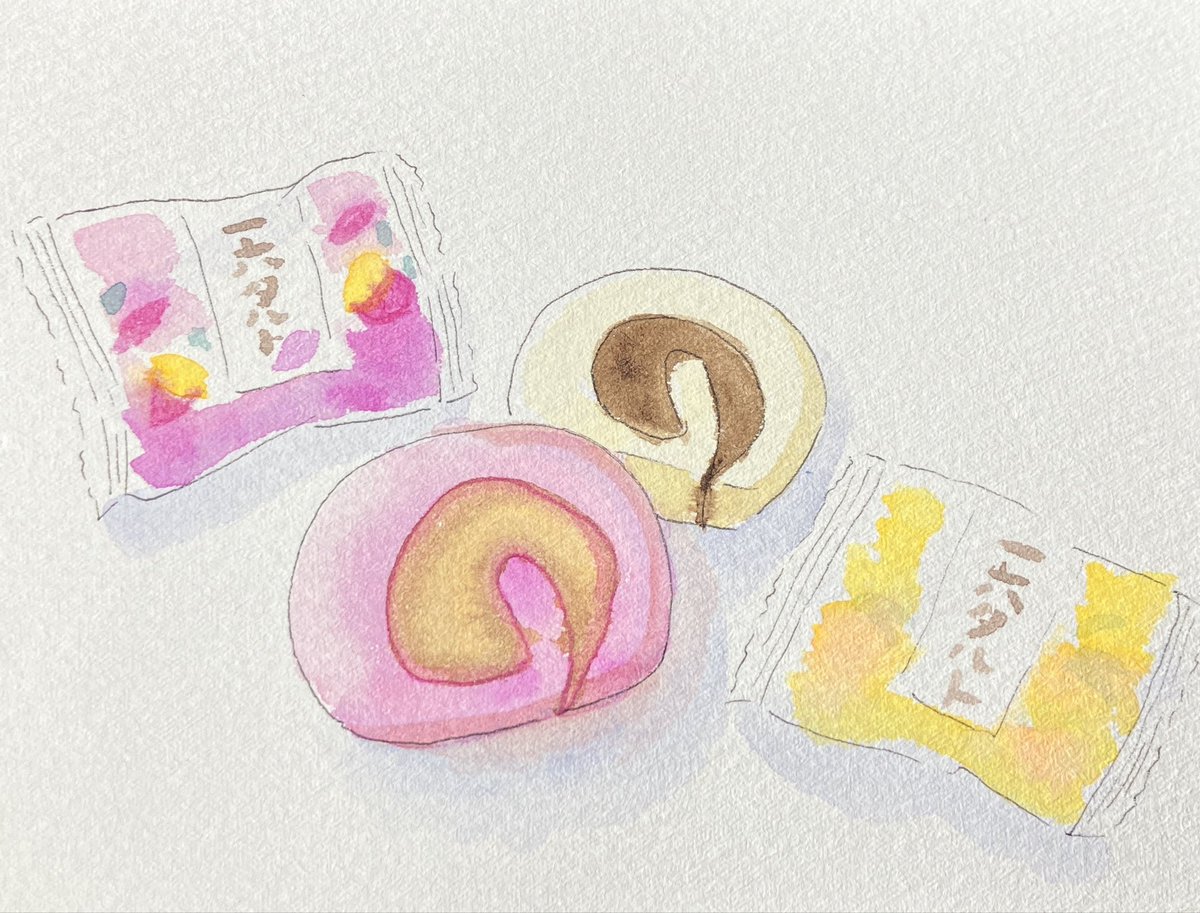_luna_rie_'s tweet photo. 四国銘菓　一六タルト

季節限定　やきいも味
ゆず味
ケーキ屋さんで見かける「タルト」とイメージが違うけど、私には小さい頃から馴染みのある「タルト」
柔らかくて口当たりの良い甘い生地に巻かれたあんこが美味しい😋
#水彩　#水彩イラスト　#illustration #食べ物イラスト　#一六タルト　#タルト https://t.co/wwj8Pu3rh5