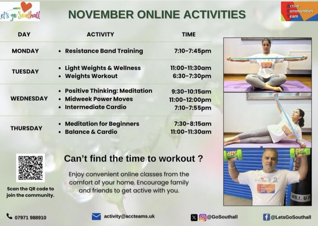 JM4NorwoodGreen's tweet image. #NorwoodGreen #Southall &amp;amp; @EalingCouncil residents @GoSouthall November online activities calendar is now live!
From balance to cardio groups to weights workout &amp;amp; lots, lots more besides —get involved meet new friends &amp;amp; enjoy great company!
Scan their QR code to #getoutgetactive
