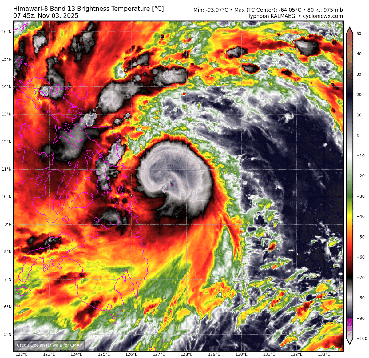 #typhoon #Kalmaegi is now nearing landfall in the #Philippines as a moderately strong 80t typhoon. Satellite shows a classic "shrimp" appearance, and a second, higher peak is possible in the South China Sea around category 3-4 intensity.