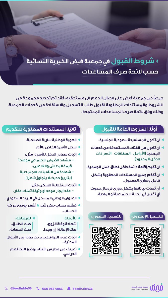 📌 شروط القبول في جمعية فيض الخيرية النسائية حسب لائحة صرف المساعدات.