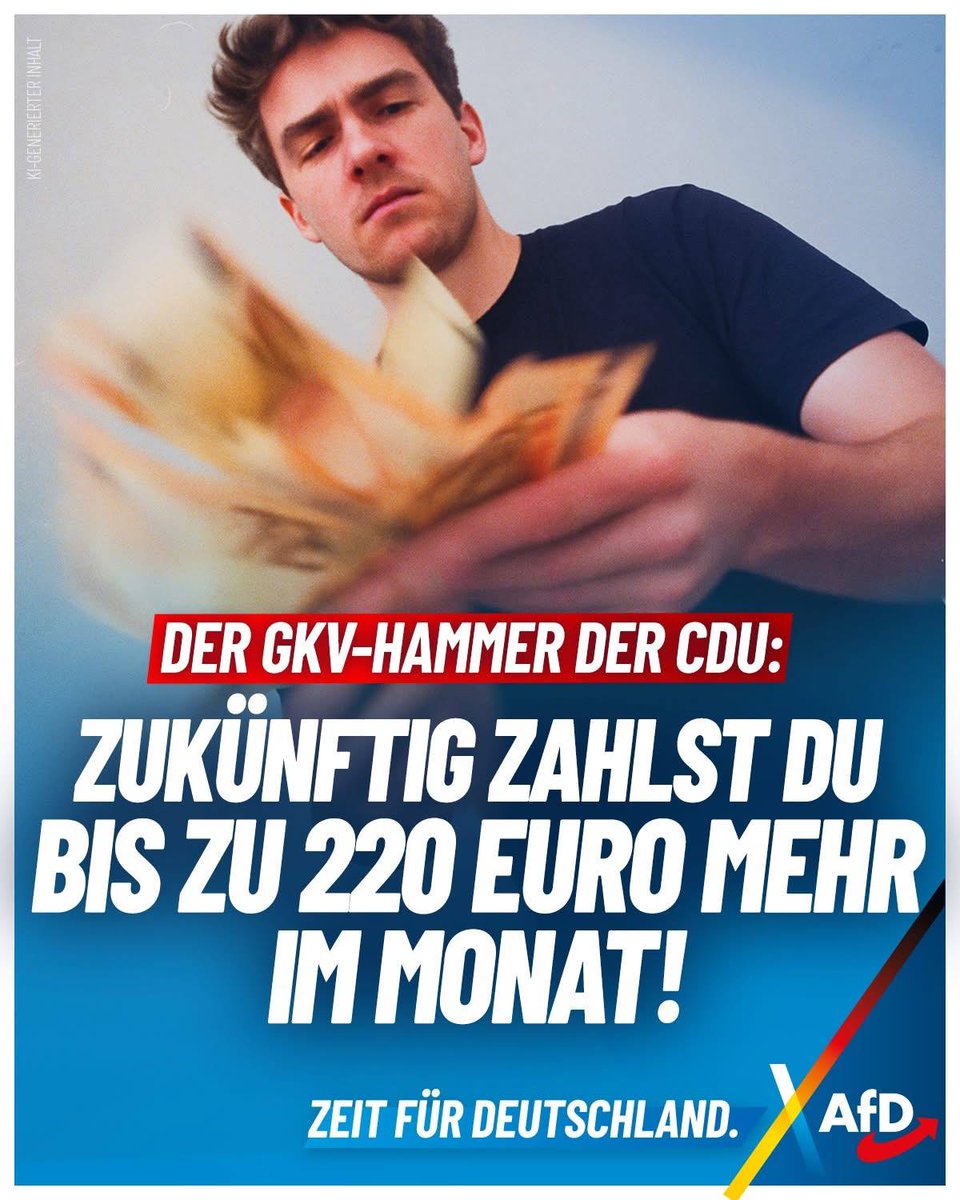 +++ Der GKV-Hammer der CDU: Zukünftig zahlst Du bis zu 220 Euro mehr im Monat! +++

Der nächste Anschlag der Merz-Regierung auf unsere Familien droht. Die CDU diskutiert aktuell die Horrorpläne des Arbeitgeberverbandes BDA. Der möchte das Milliardenloch in der gesetzlichen