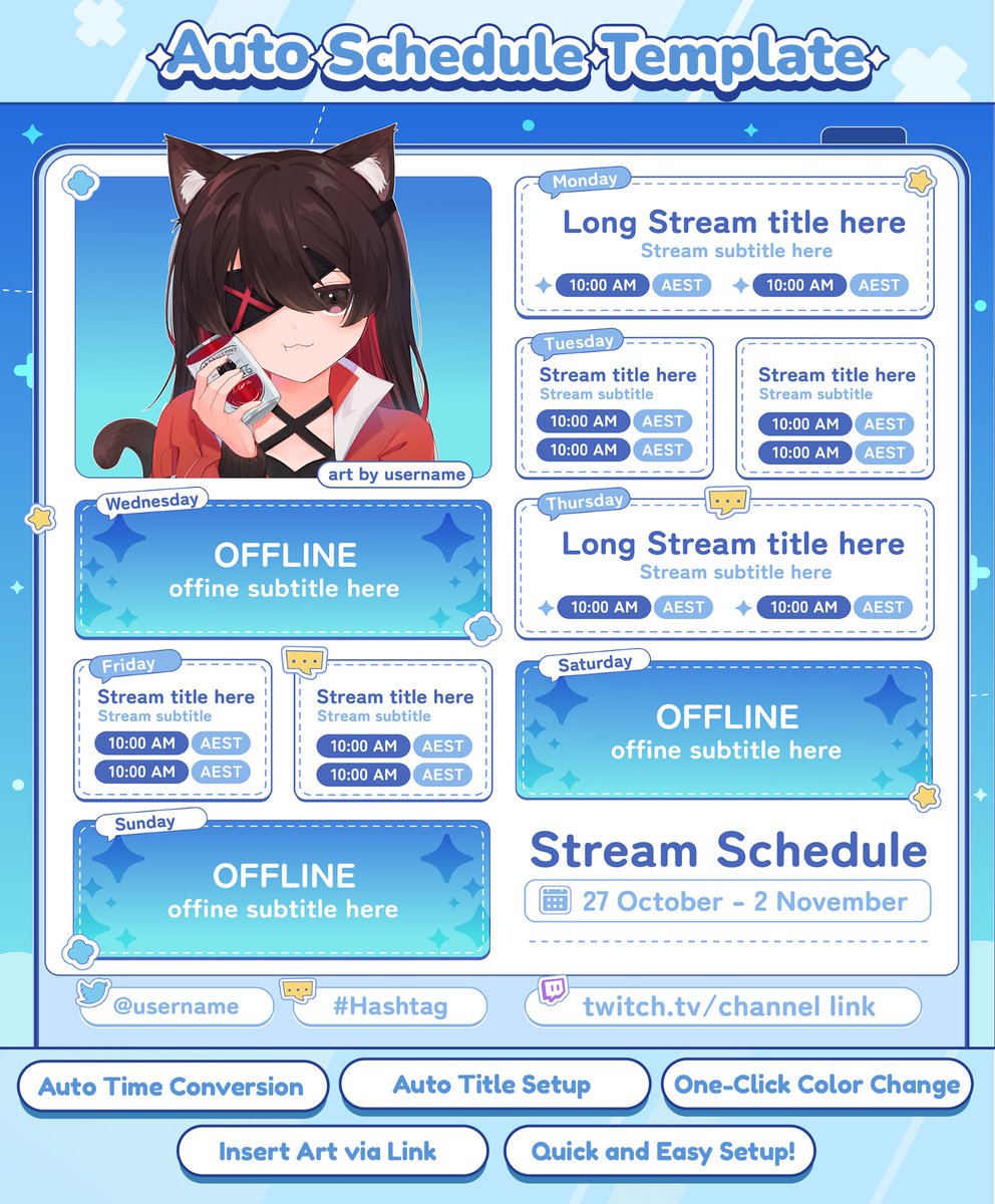 NikkiGZ0's tweet image. new auto stream schedule template!
- it&apos;s square!
- looks very cute and organized!

multiple colours included of course 💖