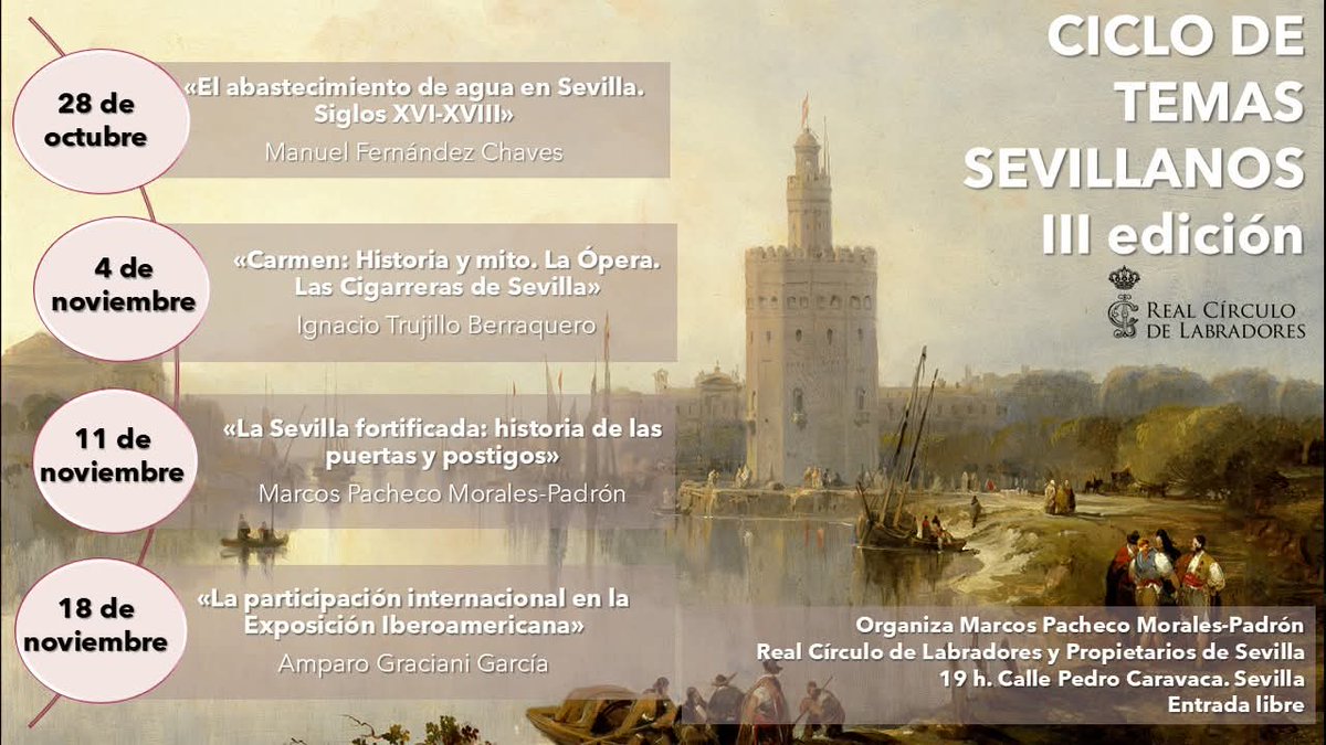 Mañana, a las 19 h en el <a href="/RCLabradores/">Real Círculo de Labradores de Sevilla</a> (c/ Pedro Caravaca), dentro del III Ciclo de Temas Sevillanos el historiador y divulgador cultural <a href="/trujillo45165/">Ignacio Trujillo</a> pronunciará la conferencia:

"Carmen. Historia y mito. La Ópera. Las Cigarreras de Sevilla".

La entrada es libre.