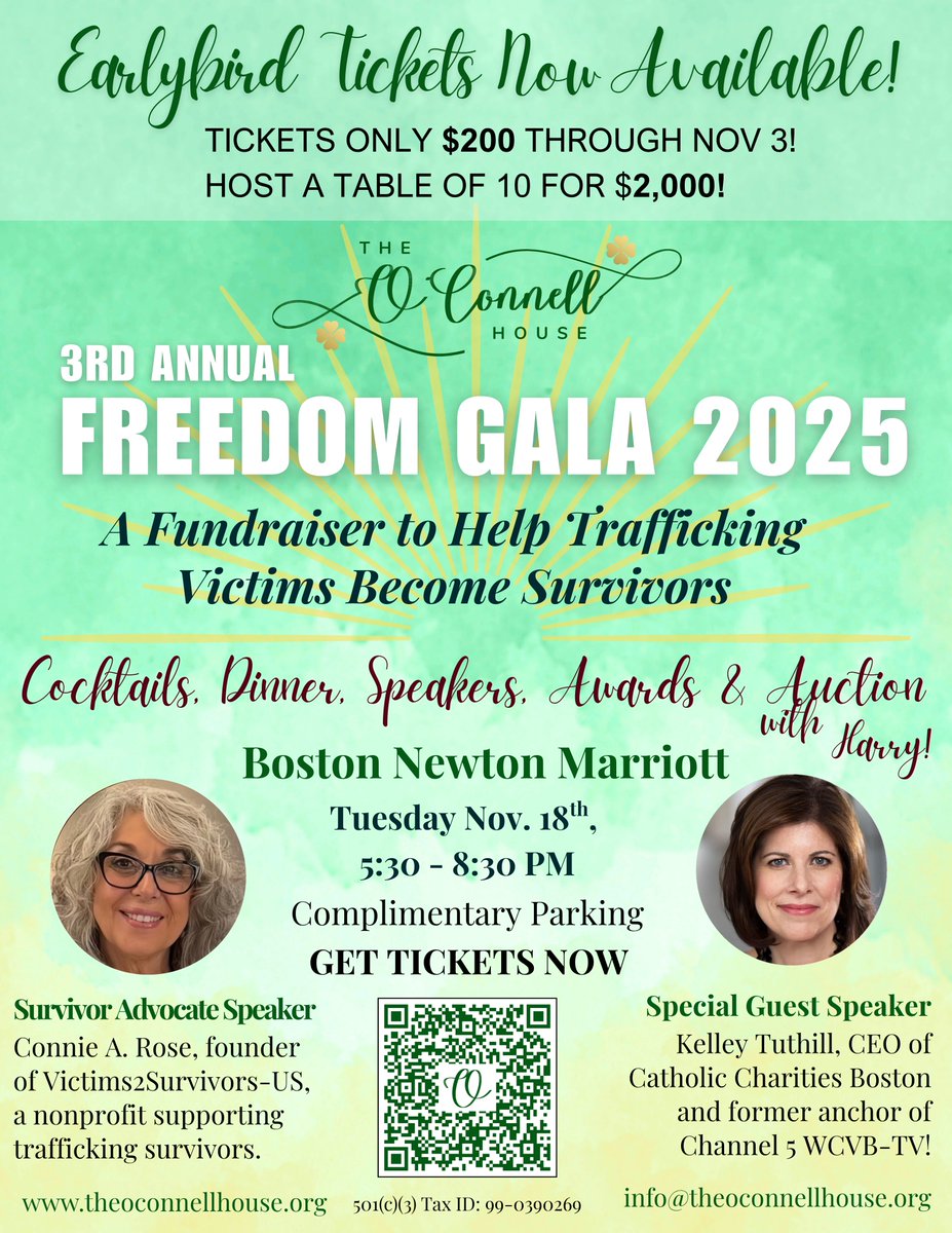 oconnellhousema's tweet photo. Last day for Earlybird pricing! Join us for Freedom Gala 2025 on Nov. 18th with guest speakers @kelleytuthill, (President &amp; CEO of Catholic Charities Boston) and Connie A. Rose, founder of @V2SUS, a nonprofit supporting trafficking survivors!
REGISTER NOW: https://t.co/ys7HwyNuFD https://t.co/hqOANgOVkM
