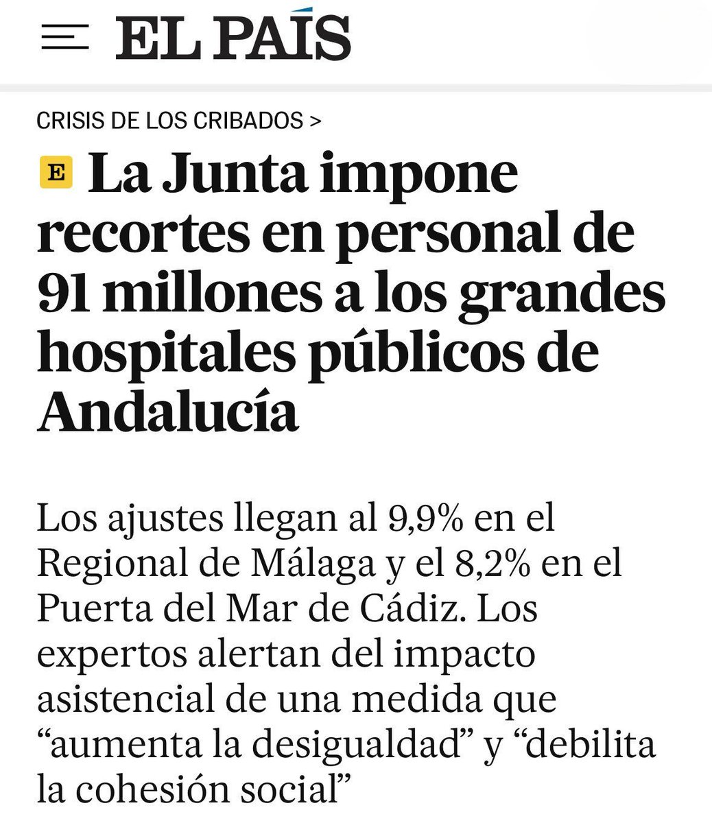 🔴A Moreno Bonilla no le para nada ni nadie su plan para destrozar la sanidad pública andaluza. 

Habla de presupuesto histórico. Pero, ¿dónde está el dinero? En el sistema sanitario público, NO.  

elpais.com/sociedad/2025-…