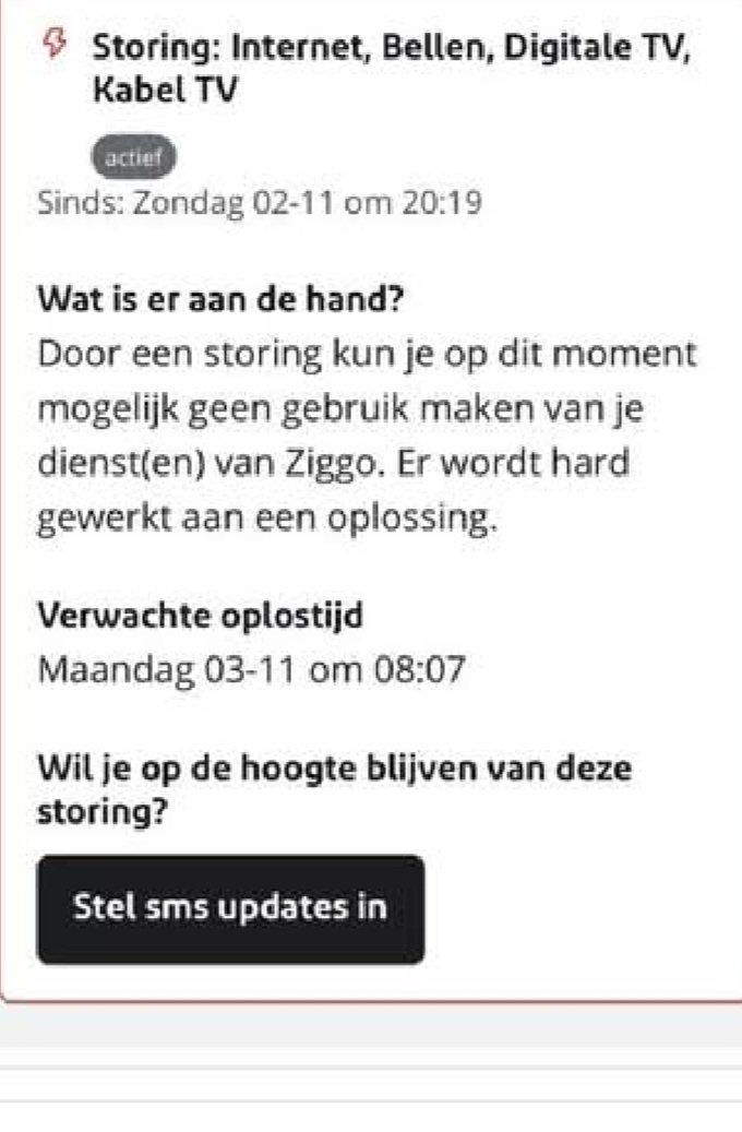 ansleest's tweet image. We hadden in gedeelte van Roosendaal een grote stroomstoring. Gelukkig hadden wij stroom, maar met een flits viel de tv uit, wifi, internet.
Vanochtend 8.00 uur opgelost door #ziggo