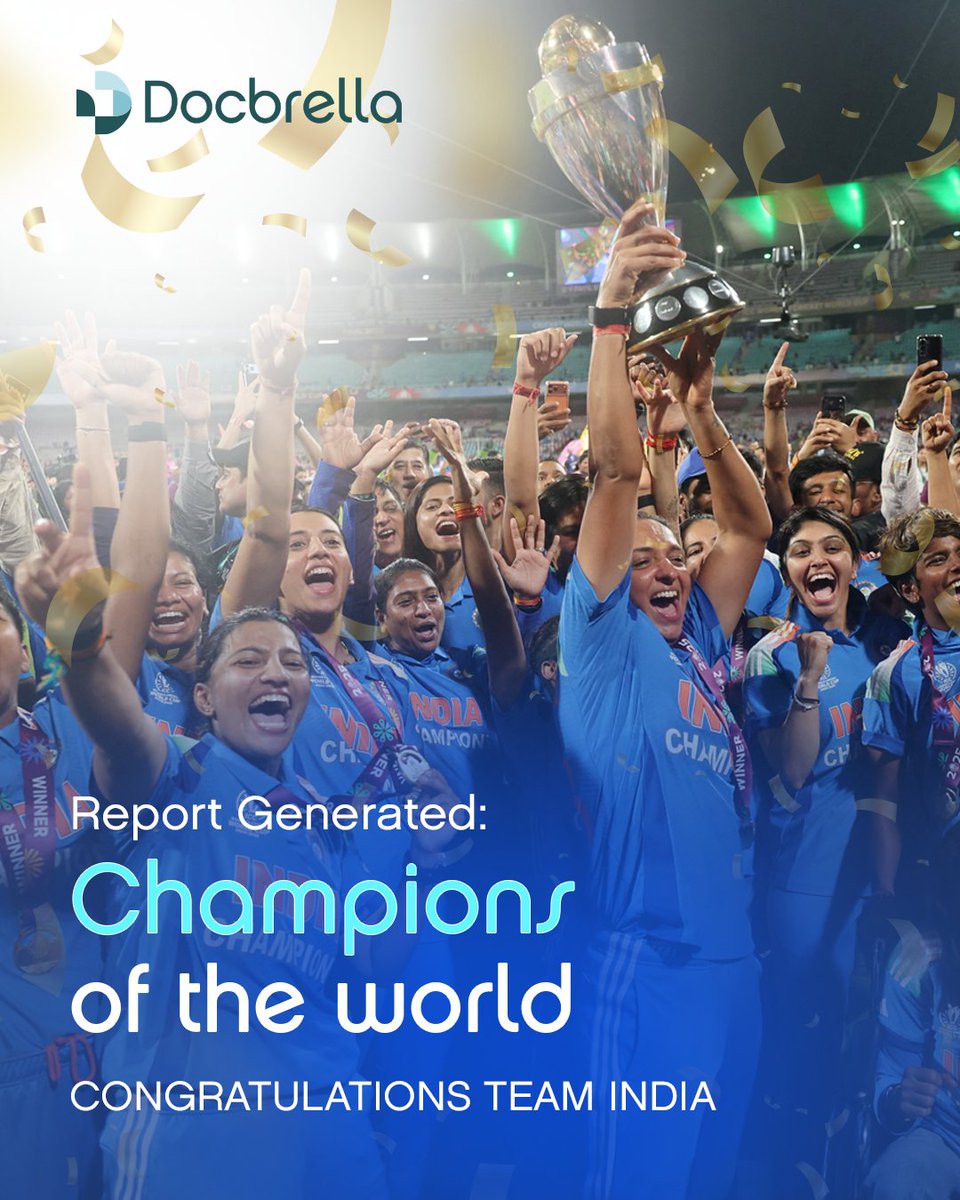 Docbrella's tweet photo. Report Generated: Unstoppable. 
The Women in Blue have done it! From breaking records to lifting the trophy.
Every run, every wicket, every heart-stopping moment was worth it. 

#Champions #WomensCricket #TeamIndia #WorldCupFinal #HistoryMakers #INDW #BleedBlue https://t.co/rrnJhT6pFt