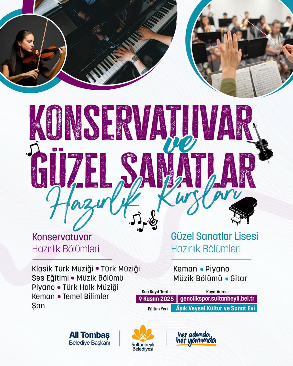 Konservatuvar ve Güzel Sanatlar Hazırlık Kurslarımız başlıyor! 🎻🎹🎶

Alanında uzman eğitmen kadromuzla, Konservatuvar ve Güzel Sanatlar Liselerine hazırlık sürecinizde profesyonel destek sunuyoruz.
Detaylı bilgi ve başvuru: 
genclikspor.sultanbeyli.bel.tr

❗Son kayıt: 9 Kasım

📍Âşık