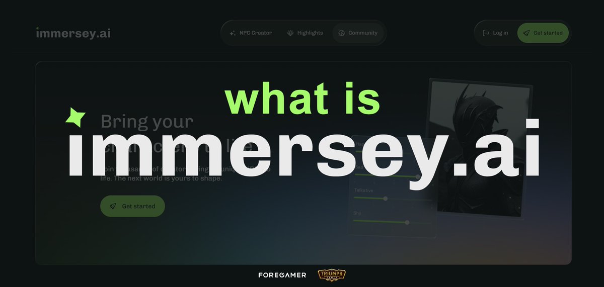 Triumph_Games's tweet image. WTF is @Immersey_ai 

Boys this is the GOAT for gamers like us

You can now CREATE and talk to NPCs just like a normal person

Really brining the gaming world to the next level

And they are powering 🔋 our bad boys 🔥

Perfect for DeGens who don’t touch grass! (You)