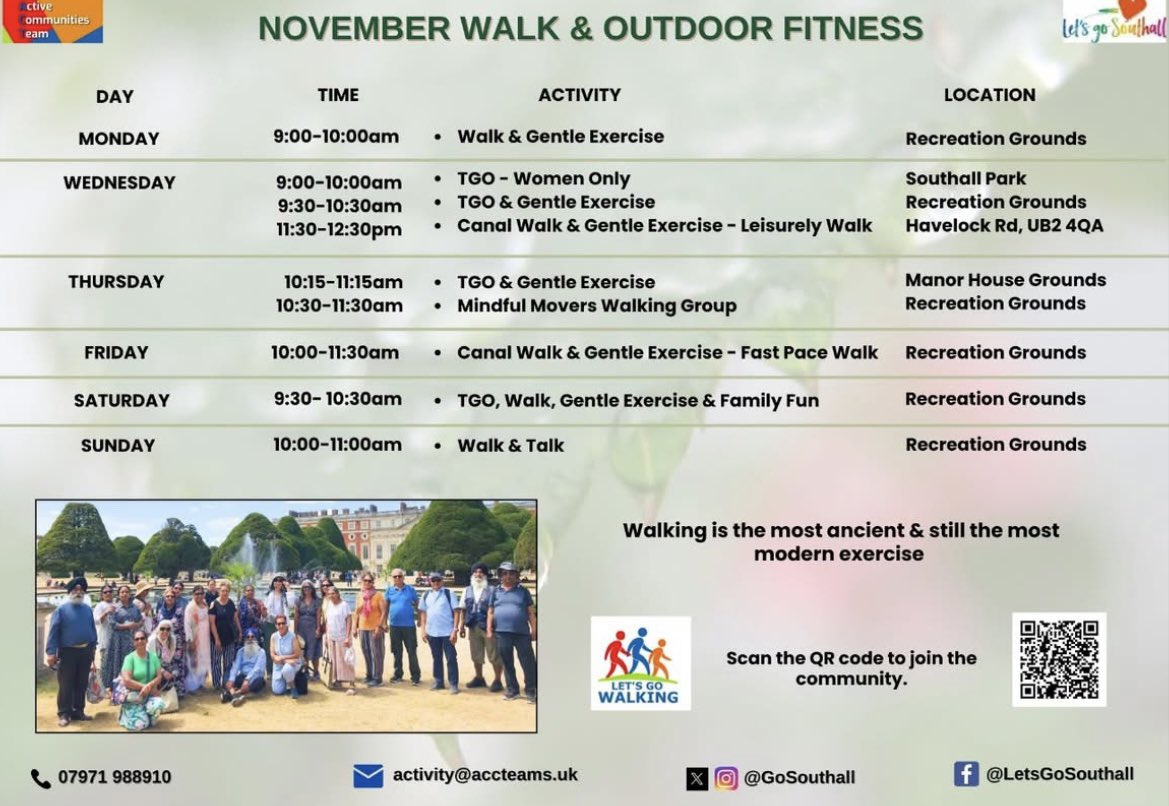 JM4NorwoodGreen's tweet image. #NorwoodGreen #Southall &amp;amp; @EalingCouncil residents @GoSouthall November walk &amp;amp; outdoor fitness calendar is now live!
From mindful moves walking groups to canal walks &amp;amp; lots more besides —get involved meet new friends &amp;amp; enjoy great company!
Scan their QR code to #getoutgetactive