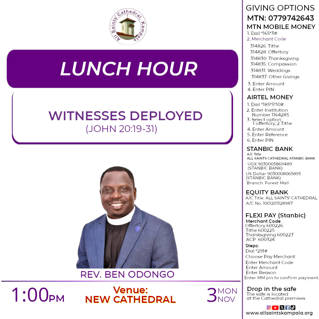 Join us for Lunch Hour physically at the cathedral on Monday, 3rd November 2025 at 1pm. Come with a friend !!
#ASCKLunchHour #Prayer #ASCKChurchOnline