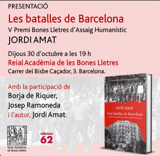 Bon dia!
Si no vau poder assistir a la presentació del llibre guanyador del V Premi de <a href="/BonesLletres/">AcadèmiaBonesLletres</a> d’Assaig Humanístic: Les batalles de Barcelona, de  Jordi Amat, la podeu veure aquí👇

urli.info/1iI7z

<a href="/Ed_62/">Edicions62</a> <a href="/jordiamat22/">Jordi Amat</a> #palauRequesens