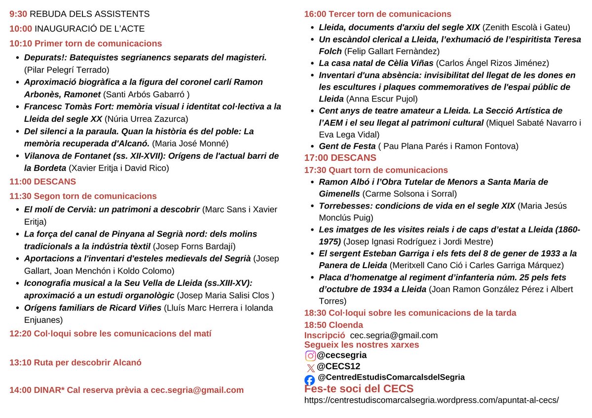 Recordeu que el 15 de novembre ens veiem a Alcanó #SegriàaEstudi, en les 13es Jornades del nostre centre d’estudis
Aquest és el programa: