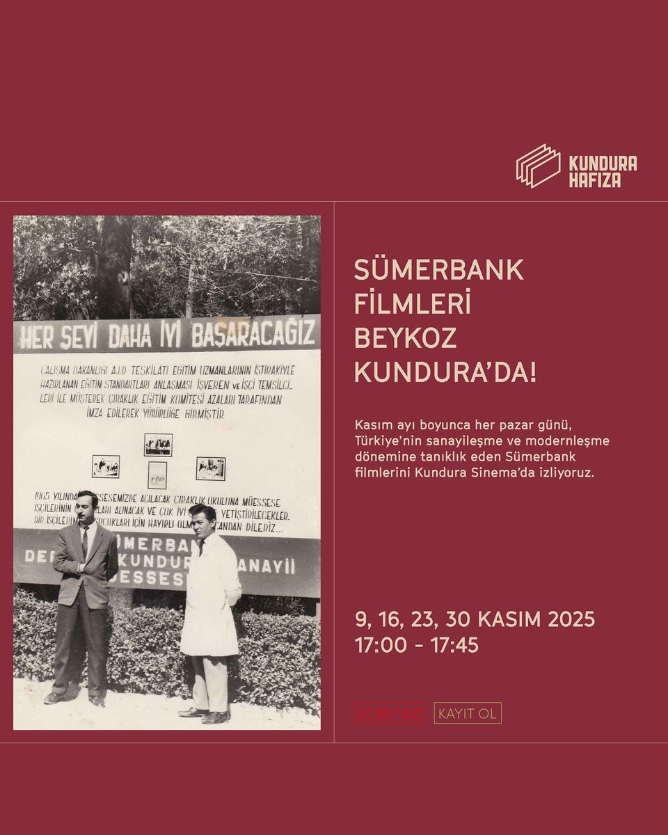 Sümerbank filmleri <a href="/BeykozKundura/">Beykoz Kundura</a>'da!

T.C. Kültür ve Turizm Bakanlığı Sinema Genel Müdürlüğü Film Mirasım Arşivi’nden seçilen 1940–1970 yılları arasında çekilmiş filmler Kasım ayı boyunca her Pazar günü Beykoz Kundura’da gösteriliyor. Kayıt için: beykozkundura.com