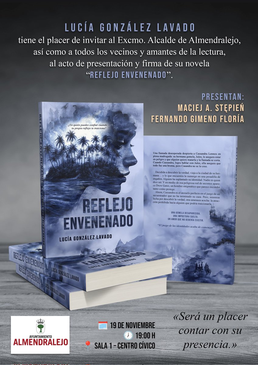 El 19 de noviembre estaré presentando Reflejo Envenenado en #almendralejo.
Lugar: 1°sala del centro cívico.
Hora: 19:00.
Estoy encantada de estar acompañada por Maciej A. Stępień y Fernando Gimeno Floria. 
#libros #luciagonzalezlavado #books #presentaciones