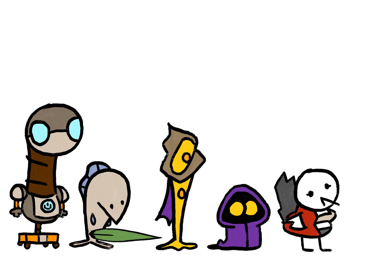I drew my dnd party in the style of @/DoobusGoobus 

or I tried to at least
