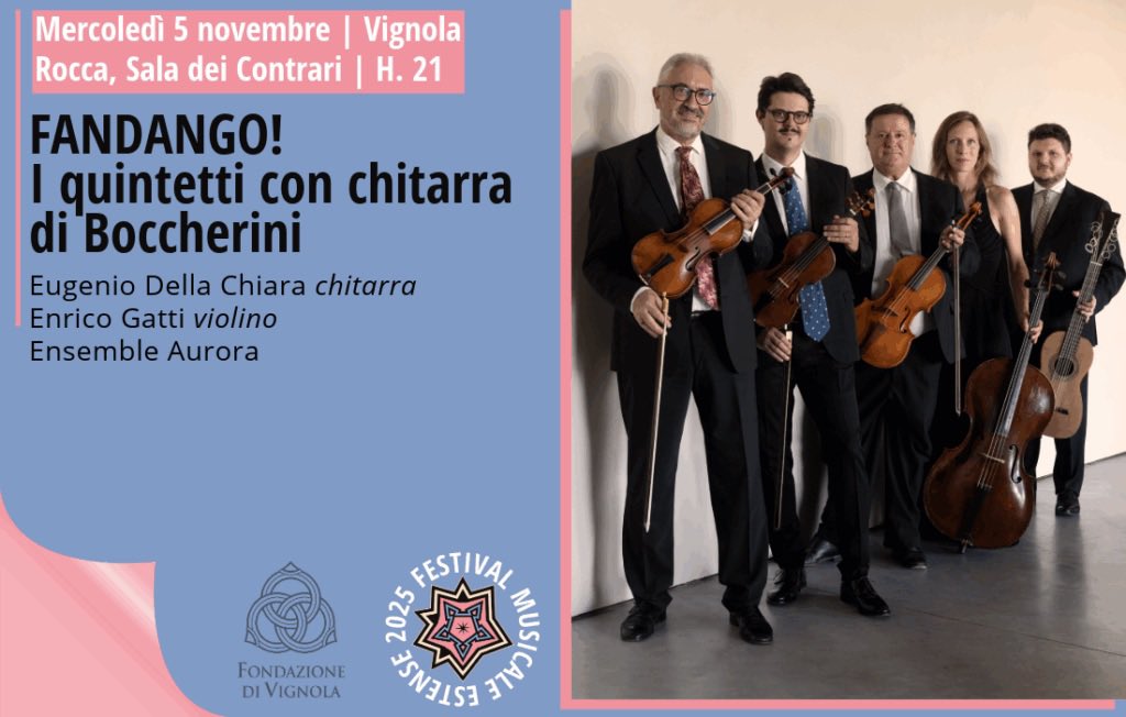arcomelo2013's tweet image. ENSEMBLE AURORA – LUIGI BOCCHERINI
I quintetti con chitarra insieme a
EUGENIO DELLA CHIARA
(chitarra a sei ordini Joséf Pagés, 
Cádiz, 1819)

VIGNOLA, (Modena)
5 novembre 2025, ore 21:00

CATANIA, Palazzo Biscari
Domenica 9 novembre 2025
ore 19:00 Anteprima
ore 20:30 Concerto