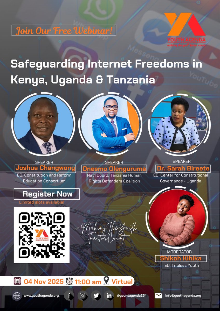youthagenda254's tweet image. The fight for digital freedom starts with YOU!
Join our upcoming webinar on Digital Authoritarianism: Safeguarding Internet Freedoms in Kenya, Uganda &amp;amp; Tanzania featuring leading voices in governance and human rights.
Register here: shorturl.at/nRdfJ
#MakingTheFactorCount