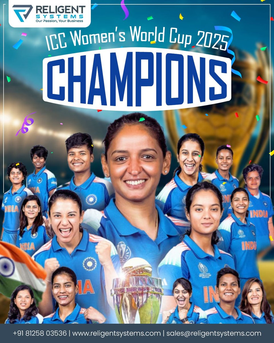 religentsystems's tweet image. Precision. Power. Performance.
That’s how champions play — and how we build.
Celebrating the unstoppable spirit of the ICC Women’s World Cup 2025 Champions, who delivered excellence with every move!

#ReligentSystems #WomensWorldCup2025 #ChampionMindset #BuiltToWin #TeamSpirit