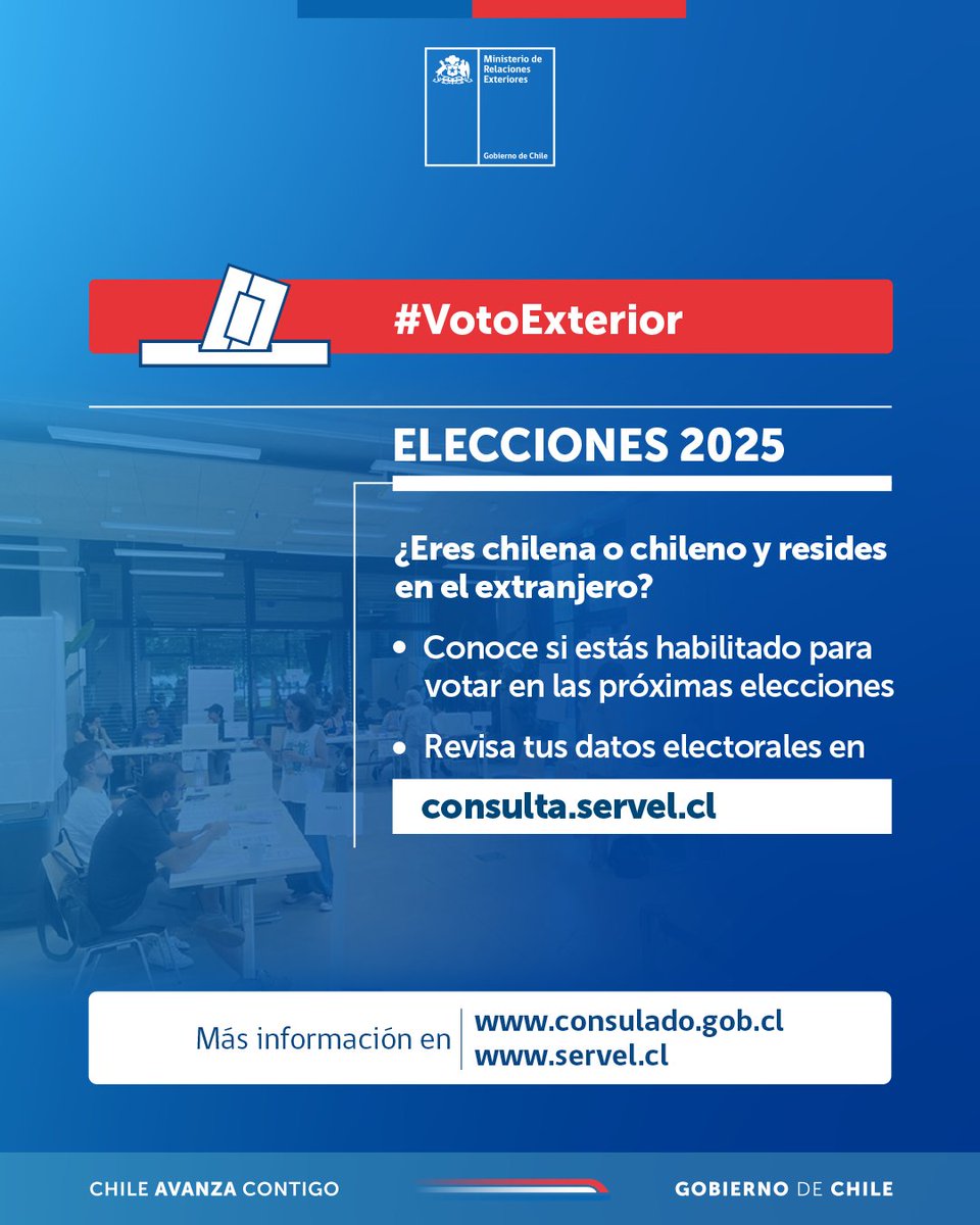 🗳️ #VotoExterior | ¿Quiénes pueden votar en la Elección Presidencial?
Conoce los detalles del voto de chilenas y chilenos en el extranjero en bit.ly/votoexterior20…