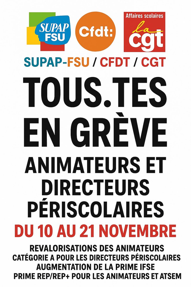 supapfsuanim's tweet photo. La DASCO reçoit les syndicats mercredi. C’est le moment ou jamais de se mobiliser!
Du 10 au 21 novembre : tous en grève, on ferme les cantines !
✊ Pour une vraie revalo : catégorie A pour les directeurs, Prime IFSE , Prime REP/REP+ pour les animateurs
#GrèvePériscolaire #Paris https://t.co/jVUPvqxkAZ