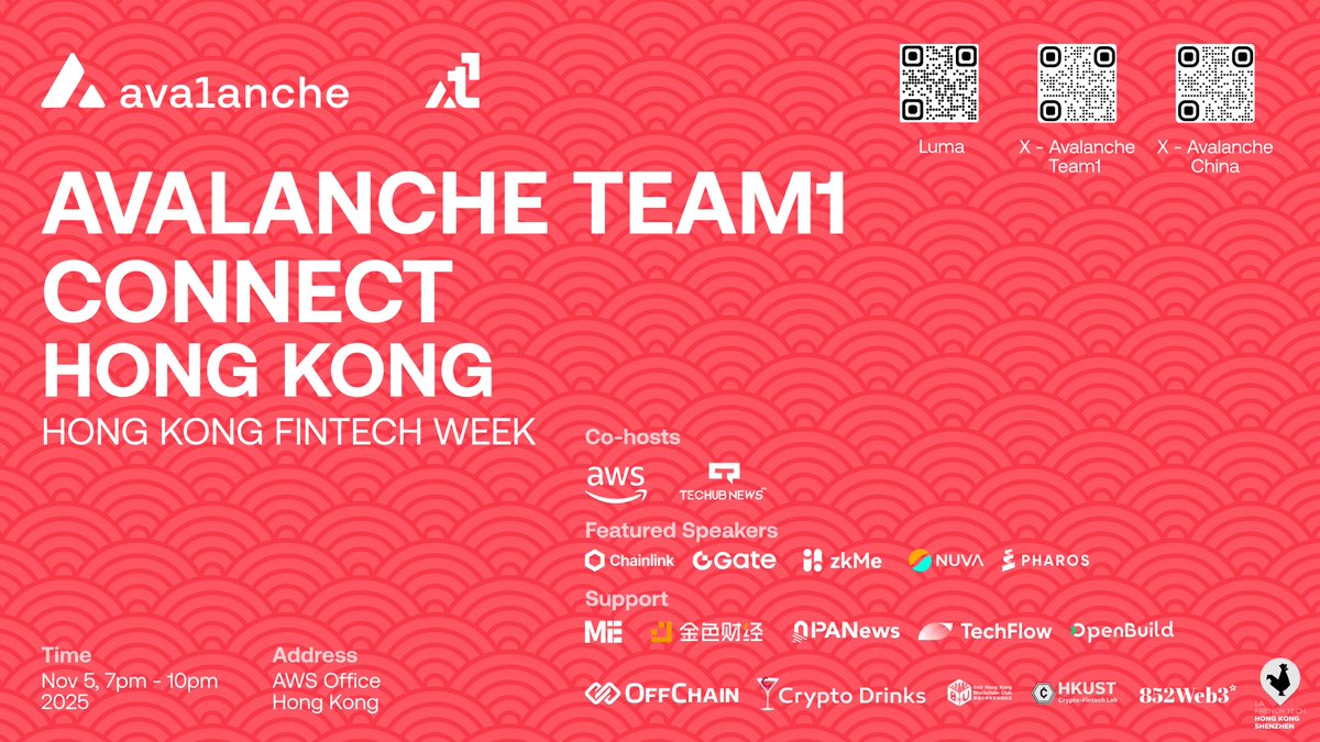 foundinghk's tweet image. Lets talk about #tokenization #infrastructure #Web3 at Avalanche Team1 Connect Hong Kong:
Wed, Nov 5, 2025 · 7:00–10:00 PM HKT
AWS, 17/F, Tower 535, 535 Jaffe Road, HK
Signup : lu.ma/urr1qjc0
@chainlink @AvaLabs @Gate @animocabrands  @zkme_ @pharos_network , @awscloud
