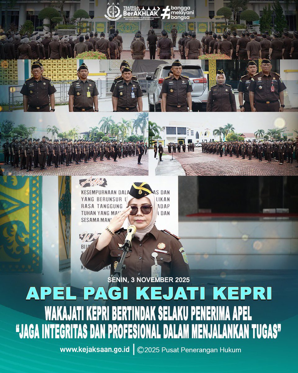 Tanjungpinang, Wakil Kepala Kejaksaan Tinggi Kepulauan Riau Irene Putrie pimpin Apel Pagi yang diikuti oleh seluruh Pegawai pada Kejati Kepri, bertempat di halaman kantor Kejati Kepri, Jalan Sungai Timun No. 1, Senggarang, Tanjungpinang, Senin (03/11/2025).