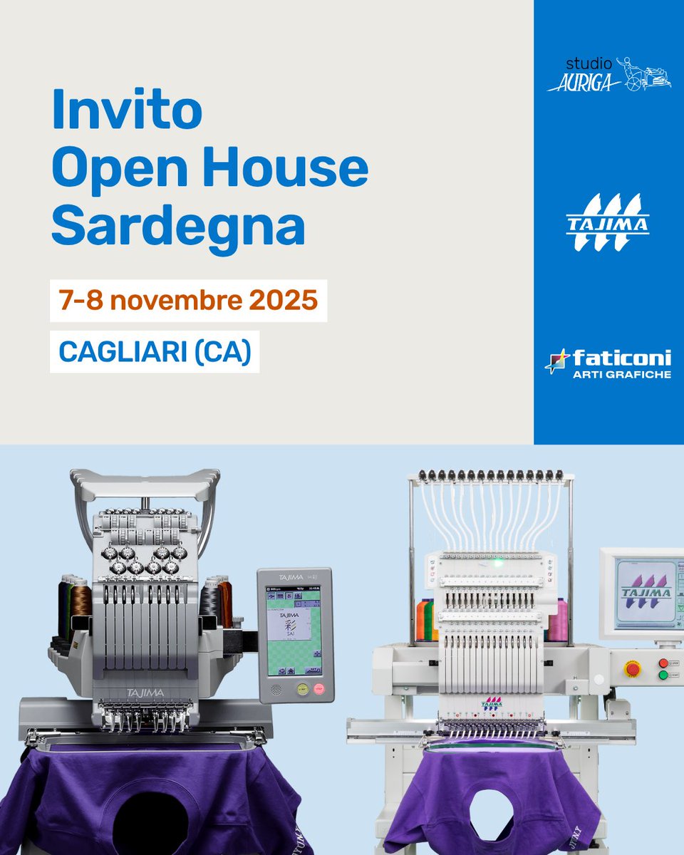 studioauriga's tweet photo. Studio Auriga torna in Sardegna per un nuovo Open House al fianco del partner Faticoni Arti Grafiche SRL. Appuntamento al 7 e 8 novembre con le macchine da ricamo industriali Tajima per i settori moda e promozionale.

Più info 👉 https://t.co/hiMeo9R4Ke https://t.co/p3KSRB0zb1