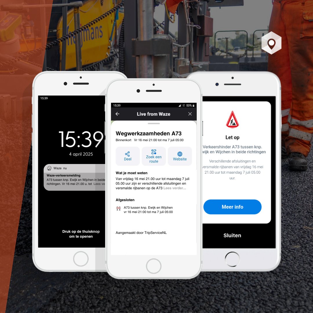 TripService's tweet photo. Miljoenen weggebruikers bereikt met slimme campagnes rond de A73-werkzaamheden. Met o.a. Waze, Flitsmeister &amp; Spotify hielden we ze real-time op de hoogte. 👉 Lees de case op onze site https://t.co/OXDdlqNIiX https://t.co/6gO0WcLyWV