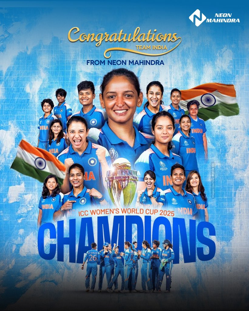 DSP_Tweets_'s tweet photo. 🏆CHAMPIONS!
Heartiest congratulations to Team India for their spectacular victory in the ICC Women's World Cup
2025!
Your passion, determination, and teamwork have made the nation proud!
From all of us at Neon Mahindra - we salute your
achievement!
#TeamIndia #ICCWomensWorldCup https://t.co/9GQB1ebwox