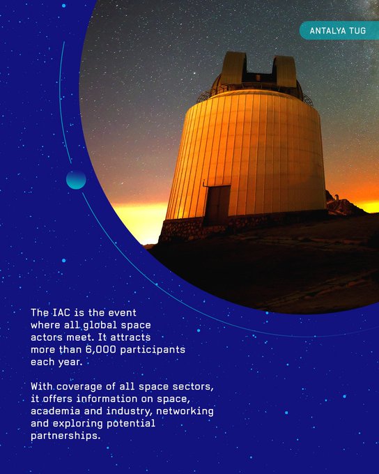 First image displays blue background with white text THE INTERNATIONAL ASTRONAUTICAL CONGRESS IAC in large font yellow IAC2026 logo satellite with solar panels against Earth and stars Antalya text in orange circle second image shows orange telescope tower at sunset on hill with blue circular overlay text Where IAC is the global space event actors meet each year with more than 6000 participants each year with coverage of all space sectors it offers information academia industry space networking and explorations potential Antalya YTU text at top