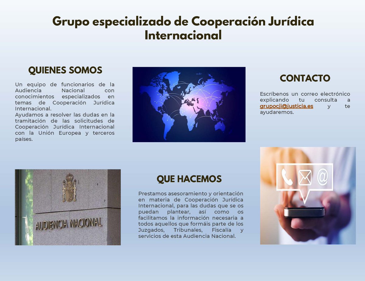 🔍¿Trabajas en un órgano jurisdiccional o en una Fiscalía y necesitas apoyo en cooperación jurídica internacional? 

¡Con el Grupo de Cooperación Jurídica Internacional en colaboración con la #AudienciaNacional tienes toda la ayuda necesaria!

Escríbenos 📩 grupocij@justicia.es