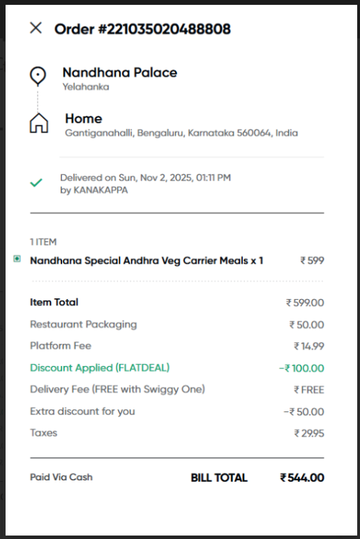 YVKSWAMY's tweet photo. @SwiggyCares I ordered “Nandan Special Andhra Ved Carrier Meals” (₹544) from Nandan Palace, but was delivered “Nandan Andhra Ved Single Meals” — wrong and lower-value item! 😞
Order ID: #221035020488808
Please resolve this urgently.
— Swamy Vijay https://t.co/9pvAcwOFBy
