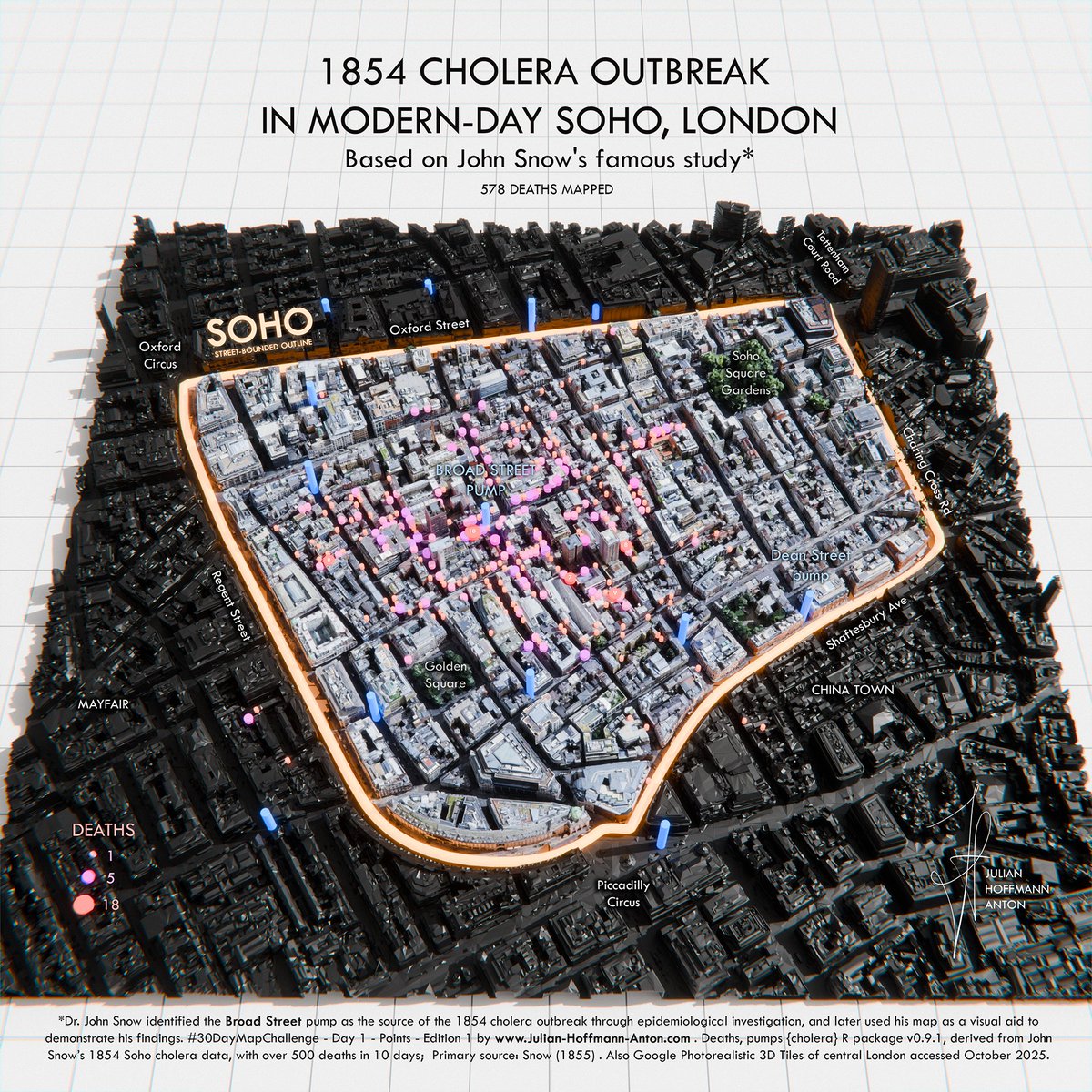 Julian_H0ffmann's tweet image. 1854 Cholera Outbreak in modern-day Soho, London. #30DayMapChallenge - Day 1 - Points.

You know Snow&apos;s foundational 2D map from GIS/Epidemiology class. Maybe you&apos;ve walked past the landmark pump.

This 3D view puts that data on modern London, showing today&apos;s streets &amp;amp; scale.…