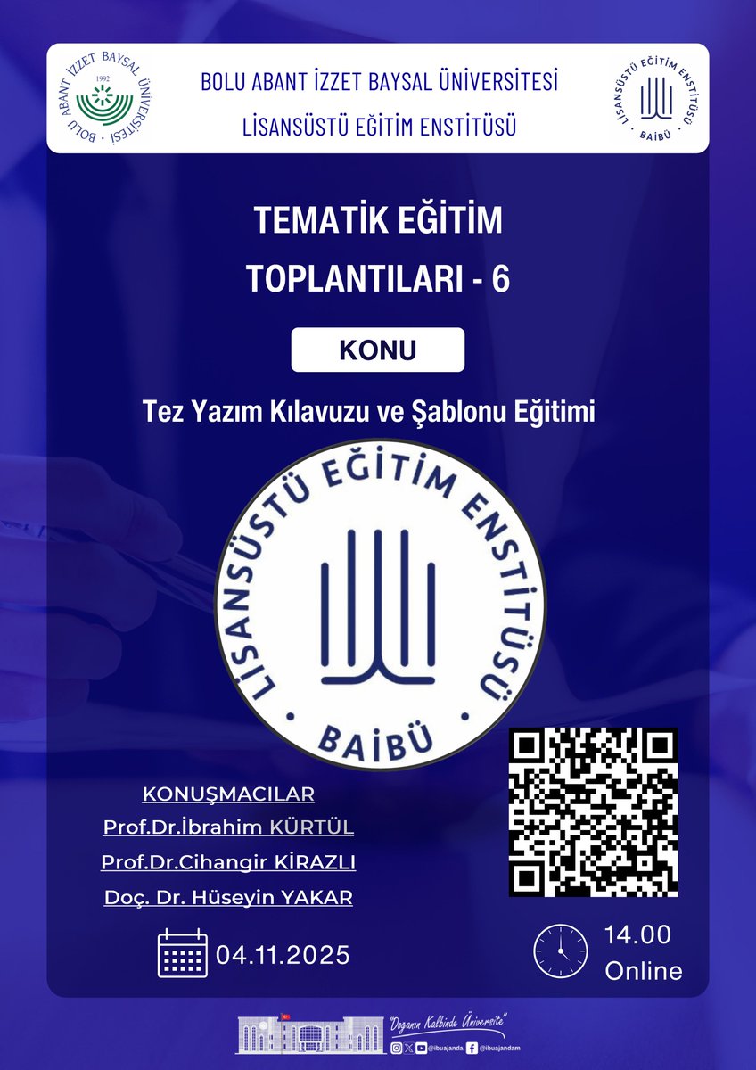 Tez yazım kılavuzu ve şablonu konulu toplantımız 04.11.2025 tarihinde gerçekleştirilecektir.