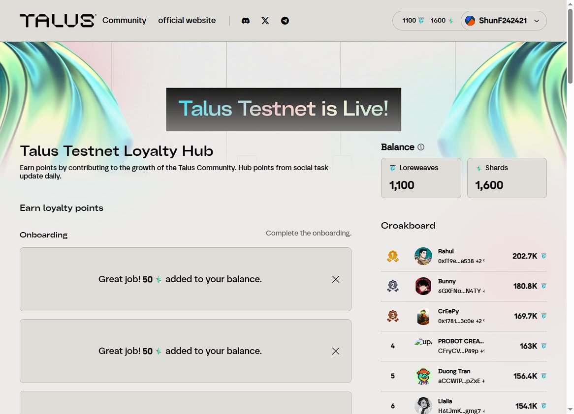 0撸900万美金融资项目！
<a href="/TalusNetwork/">Talus 🐸</a> 
空投积分全攻略
一键薅羊毛教程（纯0撸）直达
▶️hub.talus.network/loyalty
用你的 EVM 钱包（MetaMask / OKX/ SUI ）一键连接
入门任务全清  
▶️关注 Twitter / Discord  
▶️绑定钱包地址  
▶️完成「每日签到」&amp;「社交任务」
每一步都直接到账 积分，无 Gas 费！