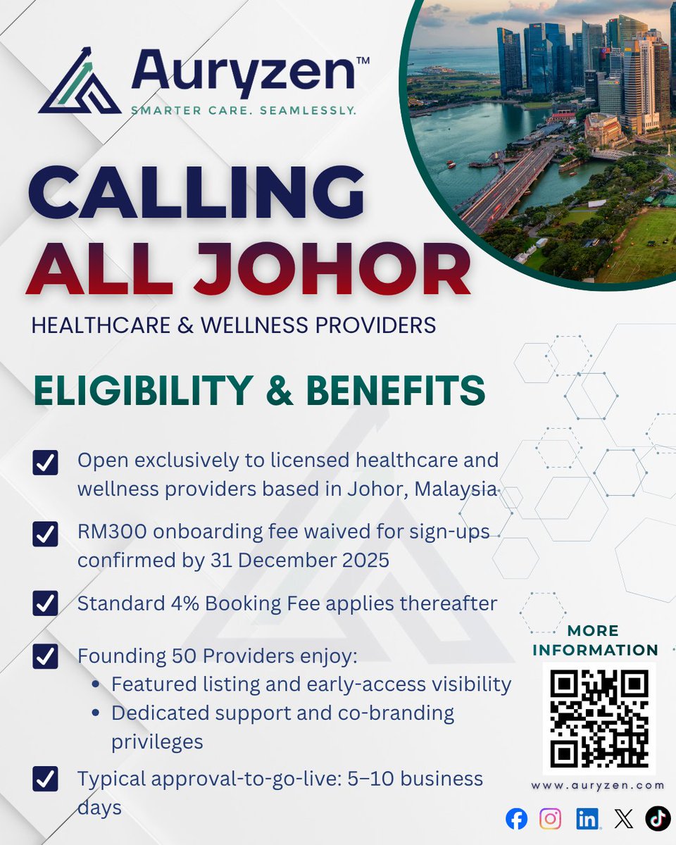 AuryzenHealth's tweet photo. 🚀 Calling all Johor healthcare &amp; wellness providers!

Connect with Singapore and Johor users seeking trusted, verified providers in Johor Bahru. 
#Auryzen #Auryzentechnologies #DigitalHealthcare  #SmartCare #SeamlessCare #Digitalhealth #Malaysia #Singapore #Asia https://t.co/113gckzObL