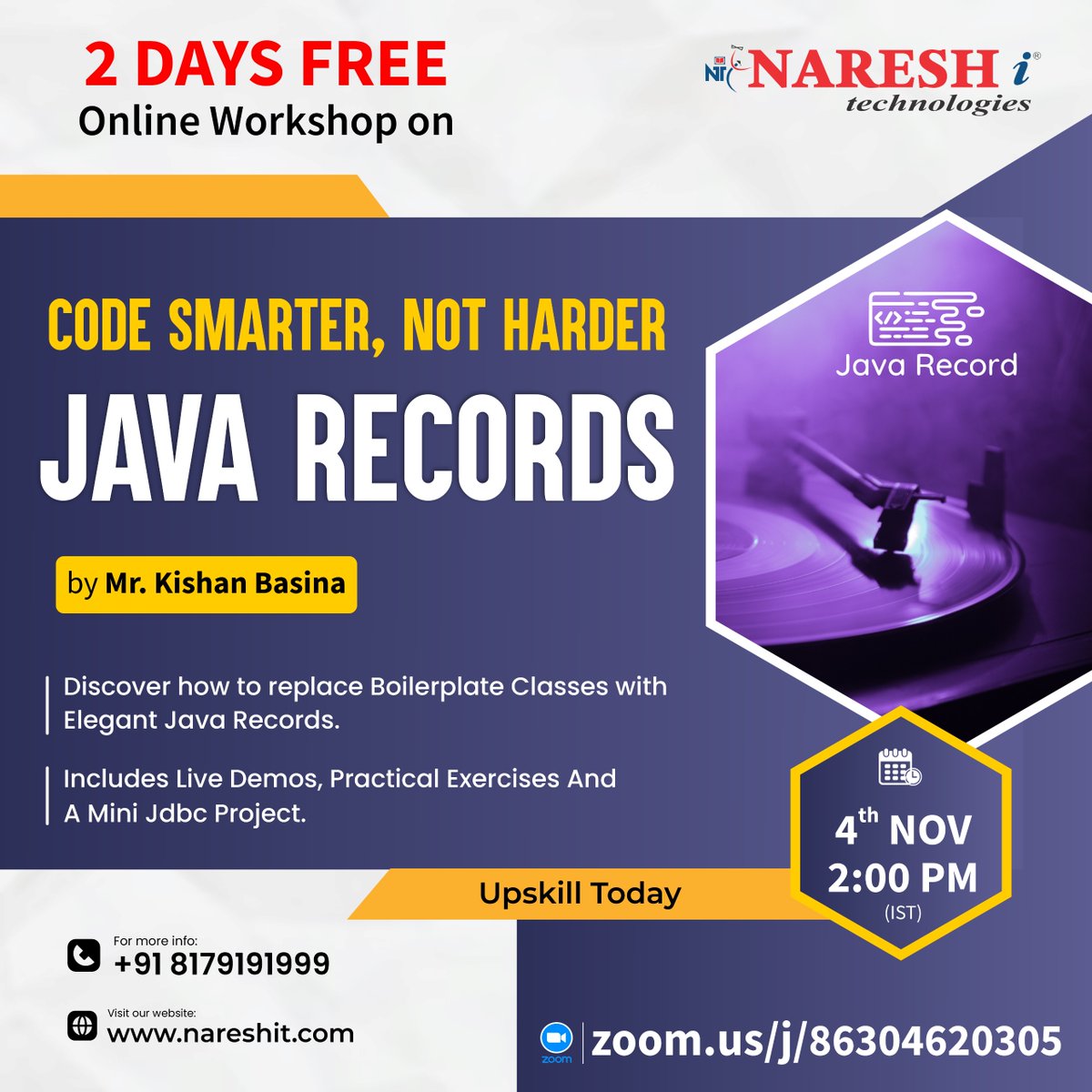 nareshitech's tweet image. 🚀 Code Smarter, Not Harder!
Say goodbye to repetitive Java code with Java Records - the modern way to simplify your applications.
🔗 Register Now: t.ly/FWSCSNHJ-4N

👨‍🏫 Trainer: Mr. Kishan Basina
📅 Date: 04th &amp;amp; 05th  Nov🕑 Time: 2:00 PM (IST)

#NareshIT #JavaRecords