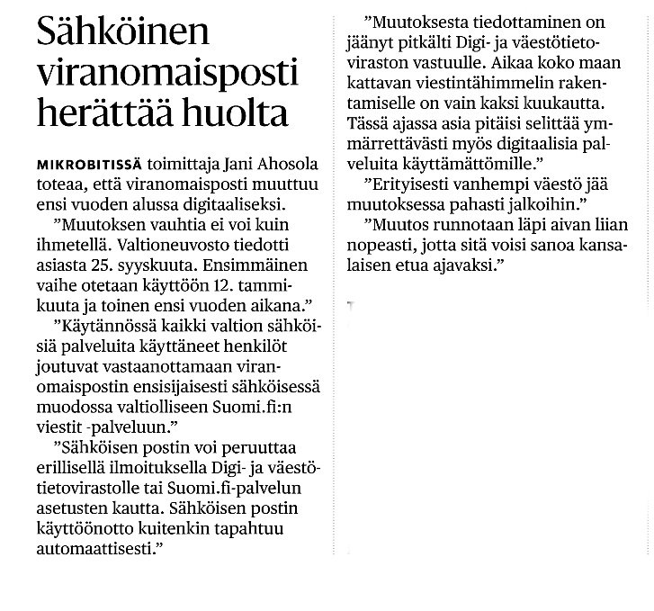 Suomi.fi-viestien käyttöönotto puhuttaa ja pohdituttaa. 
HS:n Muut lehdet -palsta tänään.
#sähköinenasiointi #suomifi <a href="/DVVfi/">Digi- ja väestötietovirasto</a>
