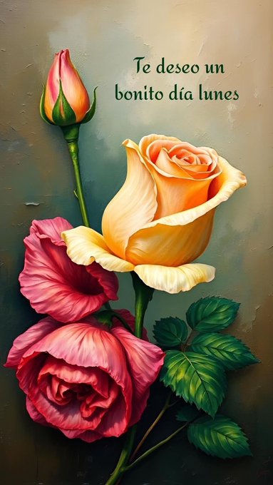 A close-up artistic rendering of multiple roses in various stages of bloom, including a pink rosebud on a stem, a fully opened orange rose, a yellow rose with pink edges, and a vibrant pink rose, all set against a textured beige background with green leaves visible at the base.