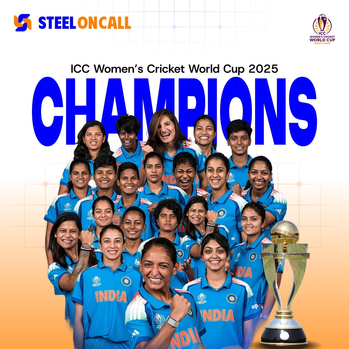 SteelonCall's tweet image. From strength to victory - the Women in Blue have done it!

@SteelonCall celebrates India’s unstoppable spirit at the ICC Women’s Cricket World Cup 2025!

#BuiltOnStrength #WorldCupChampions  #WomenInBlue