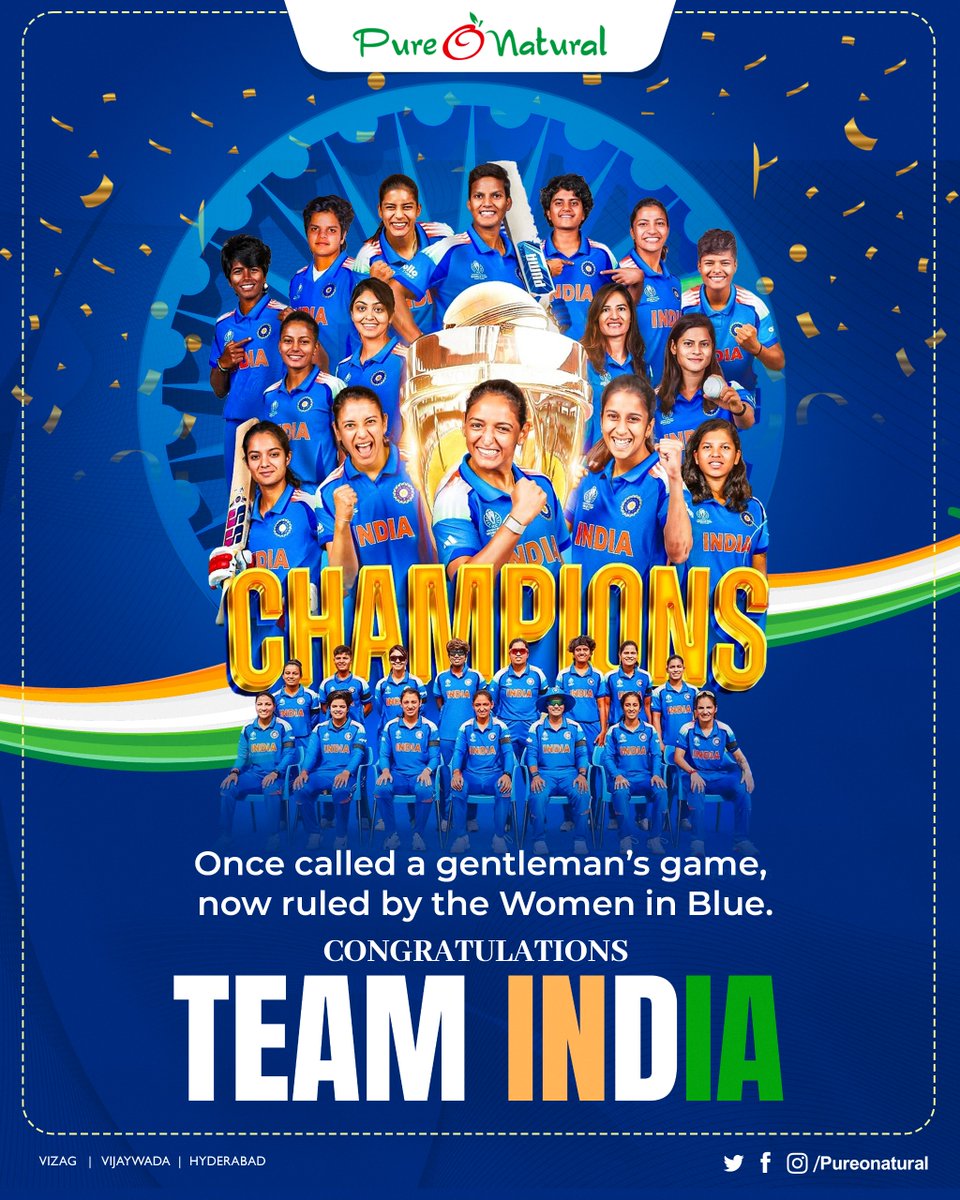 PureONatural_'s tweet photo. Once called a gentlemanโs game, now ruled by the Women in Blue. ๐
CONGRATULATIONS TEAM INDIA! ๐ฎ๐ณ
You didnโt just play the game โ you changed it. โจ
#WomenInBlue #TeamIndia #WorldChampions #PurelyProud #PureoNatural #CricketFever #BlueReign #IndianPride https://t.co/TWp8C0jo04