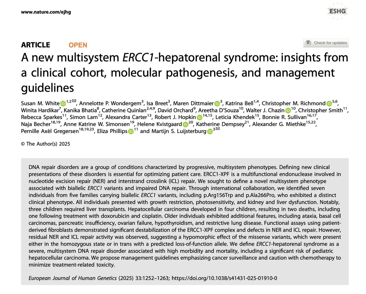 ejhg_journal's tweet image. Welcome to the #EJHG October #JournalClub! 
This month, we’re discussing: &apos;A new multisystem ERCC1-hepatorenal syndrome: insights from a clinical cohort, molecular pathogenesis, and management guidelines&apos;
nature.com/articles/s4143…