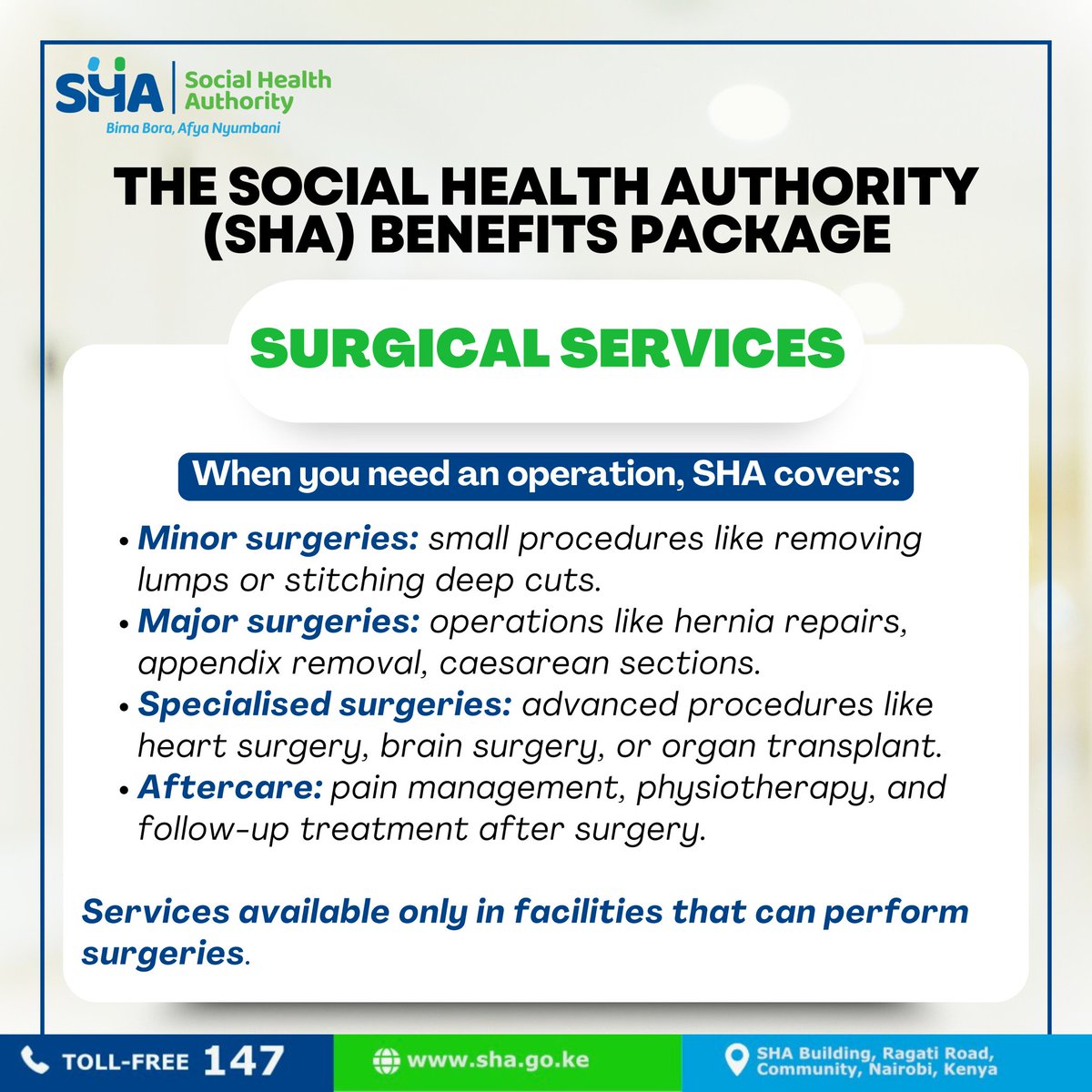 WilliamsMkenya's tweet photo. When surgery becomes necessary, SHA ensures your health and dignity remain protected. From minor to major an,d specialised procedures — plus aftercare and rehabilitation — every stage is covered under the #SHASurgicalPackage. Your well-being matters; register to benefit. https://t.co/XdnUONaqN0