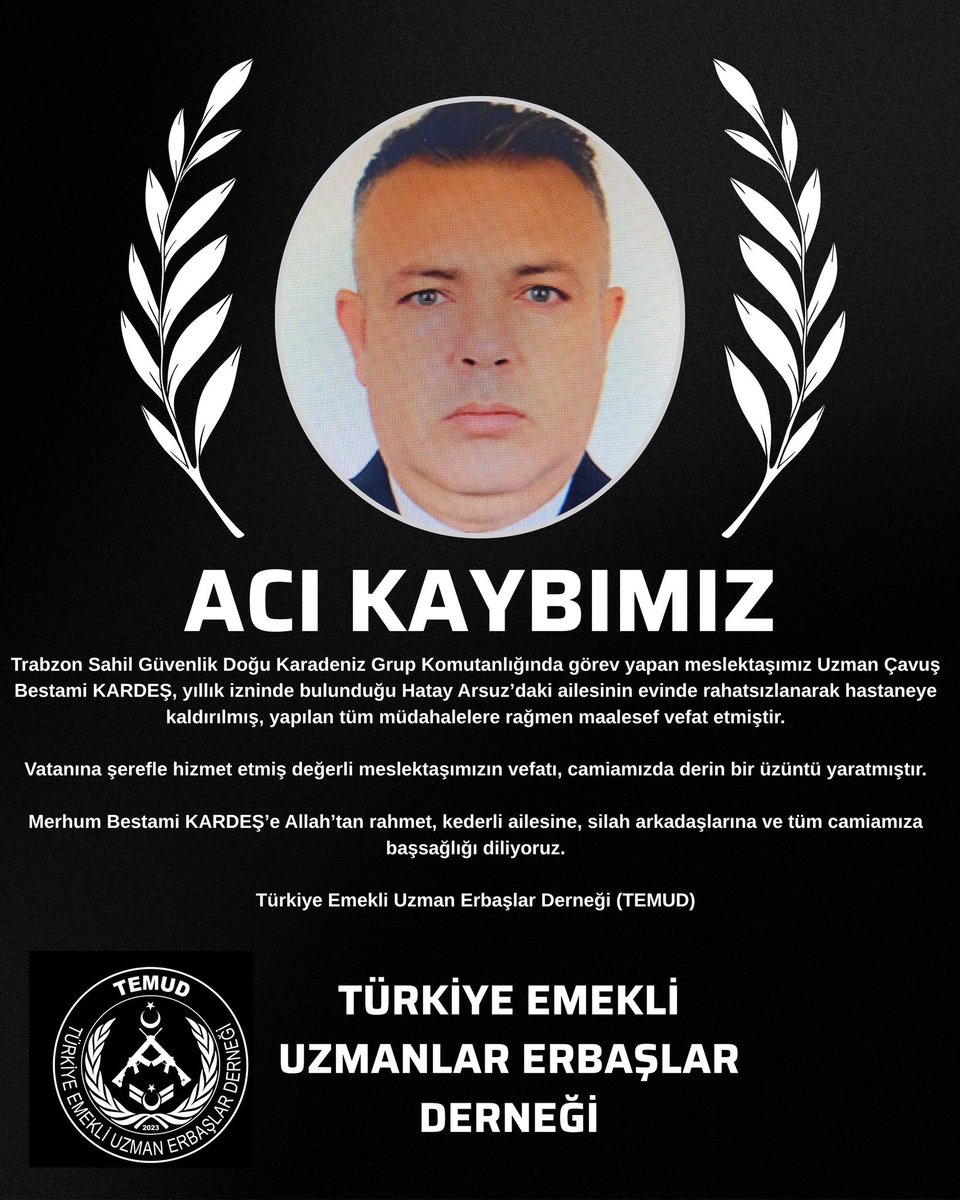 Trabzon Sahil Güvenlik Doğu Karadeniz Grup Komutanlığında görev yapan meslektaşımız Uzman Çavuş Bestami KARDEŞ, yıllık izninde bulunduğu Hatay Arsuz’daki ailesinin evinde rahatsızlanarak hastaneye kaldırılmış, yapılan tüm müdahalelere rağmen maalesef vefat etmiştir.

Vatanına