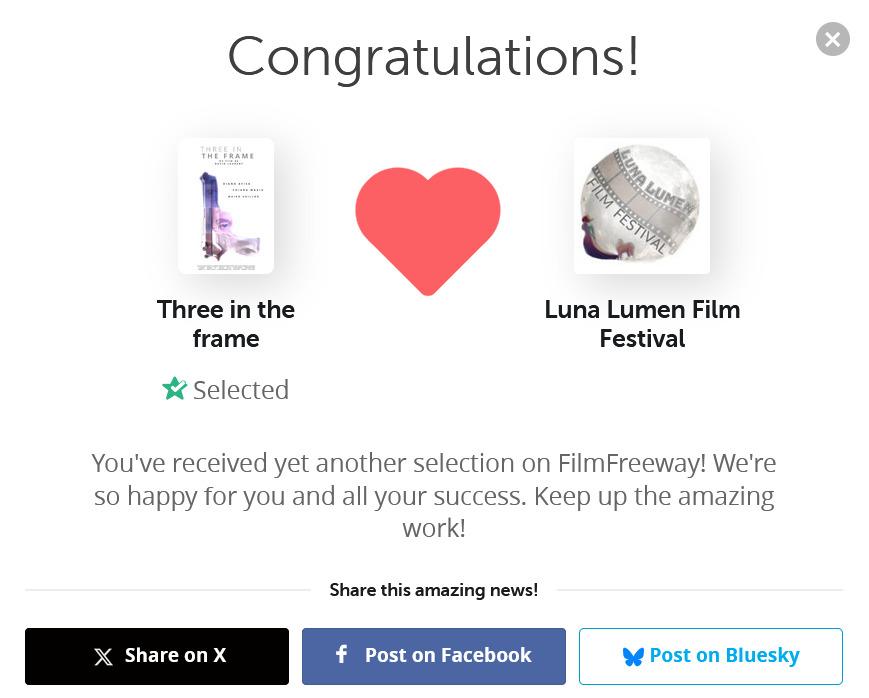 Merci au Usa et au festival Luna Lumen Film Festival d'honorer une première sélection pour mon dernier court métrage Three in the frame !

En attendant plus que 7 jours pour nous aider à financer notre film :

helloasso.com/associations/t…