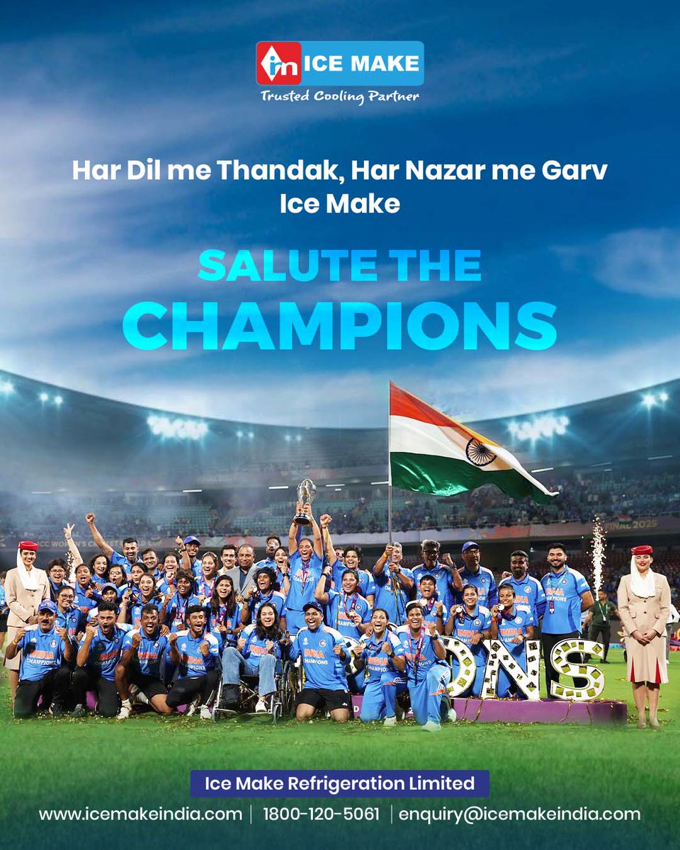 IceMakeRef's tweet image. When passion burned bright and spirits stayed cool — India created history! 🇮🇳🏆

From every chilled moment to every heated battle on the field,
our champions showed what true composure looks like.
Ice Make salutes the women who kept their minds cool and hearts on fire. 💙❄️
