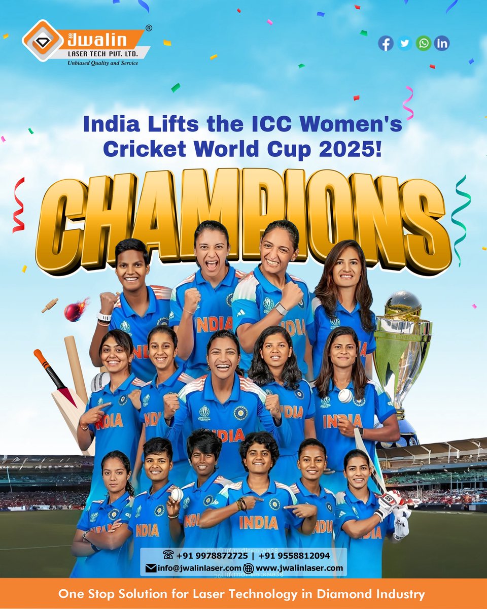 jwalinlasertech's tweet image. 🏆🇮🇳 Heartiest Congratulations to the Indian Women’s Cricket Team to conquer ICC Women’s World Cup 2025..!

#CongratulationsTeamIndia #ICC #Women’sWorldcup #WomensCricketWorldCup #ProudMoment #TeamIndia #WomenPower #ChampionSpirit #JwalinLaserTech #IndiaWins #InspirationToAll